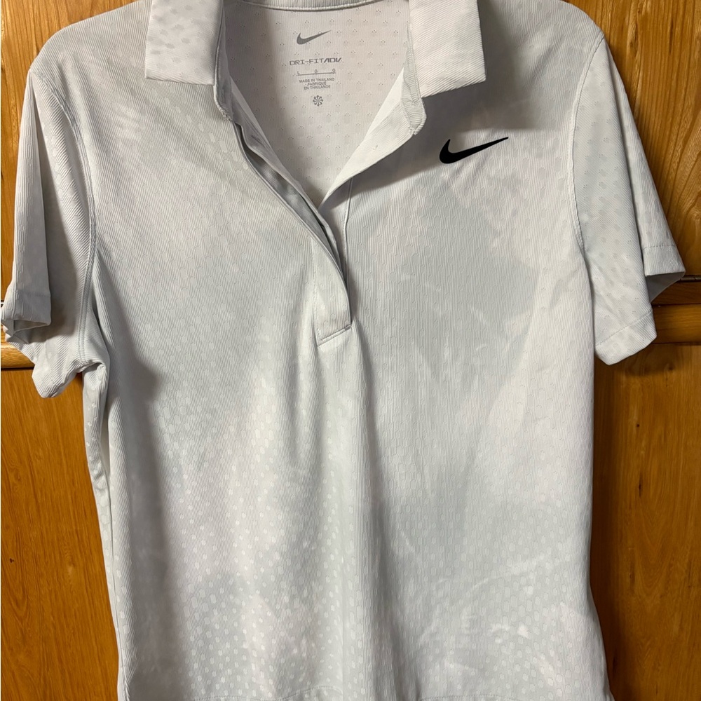 Women’s Nike White, Textured, Dri Fit Polo Shirt with Light Gray Abstract Design